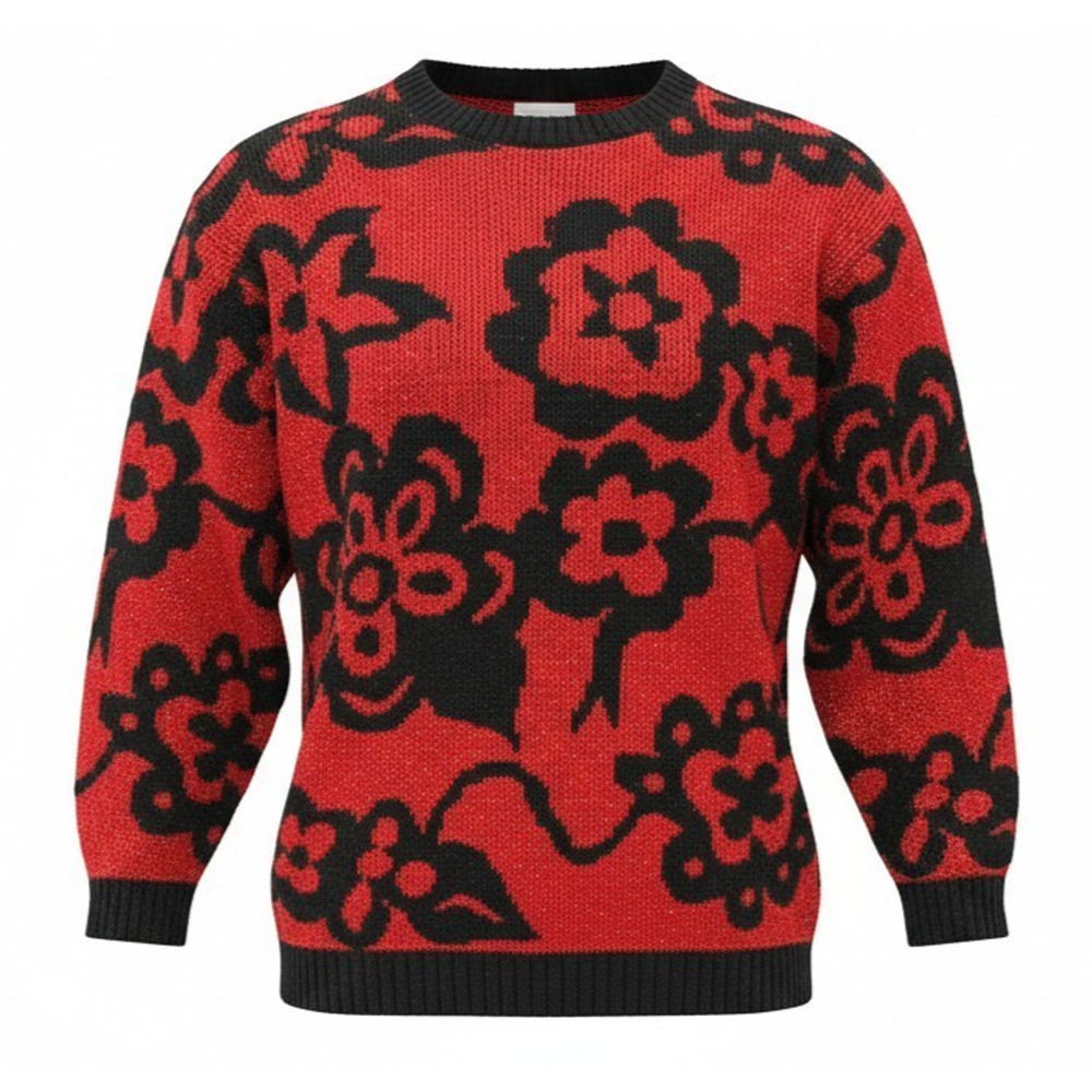 Vtg 80s Jolie Sz M-L Dropped Shoulder Sweater Acrylic-Lurex Knit Red & Black